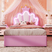 View Kinderbett Polsterbett 90x200, Kronenförmiges Prinzessinnenbett, Einzelbett mit LED und 2 Schubladen, Bettgestell für Mädchen, mit Verstellbares image 3