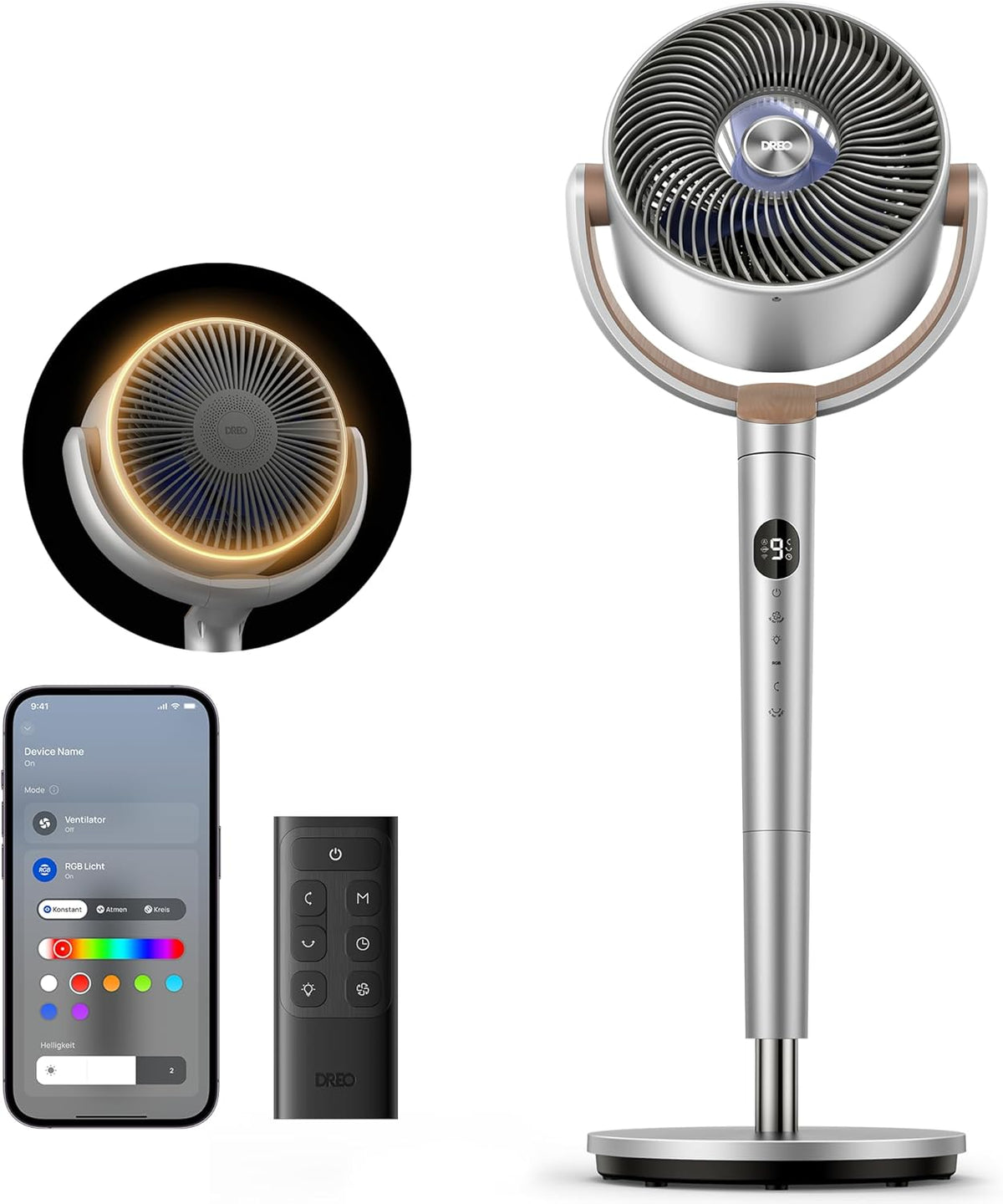 Dreo Smart Standventilator mit RGB Light, 120° +120° Oszillierender Ventilator mit Fernbedienung, 20dB Leiser Bodenventilator für Schlafzimmer, 8H