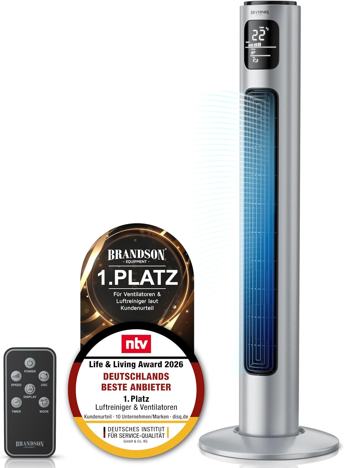 Brandson - Turmventilator mit Fernbedienung 96 cm - Preisträger 2026 - mobiler Lüfter leise - Standventilator Oszilation - 3 Geschwindigkeiten 3 Modi