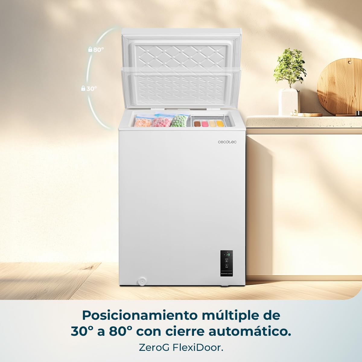 Cecotec Congelador Horizontal 143L Bolero CoolMarket Chest 143P White E. Cesta con Asas, Control Electrónico LED, UltraContact D-Cool, Dual Function,