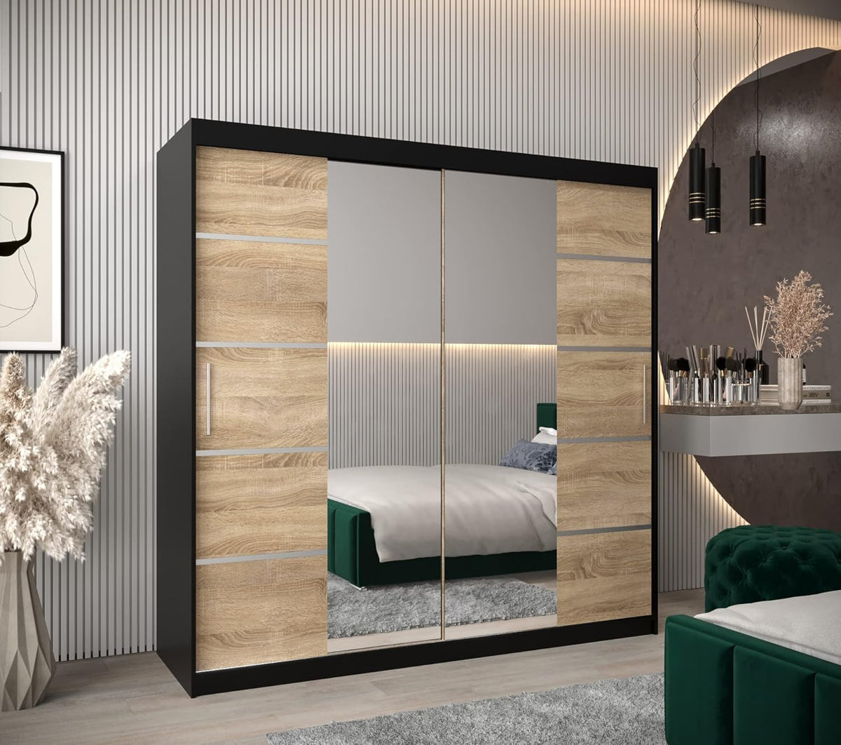 ABIKSMEBLE Verona 4 200 Bedroom Wardrobe with Three Sliding Doors – Modern Storage Cabinet with Mirror, Coat Rack and Shelves – 200 x 200 x 62 cm –
