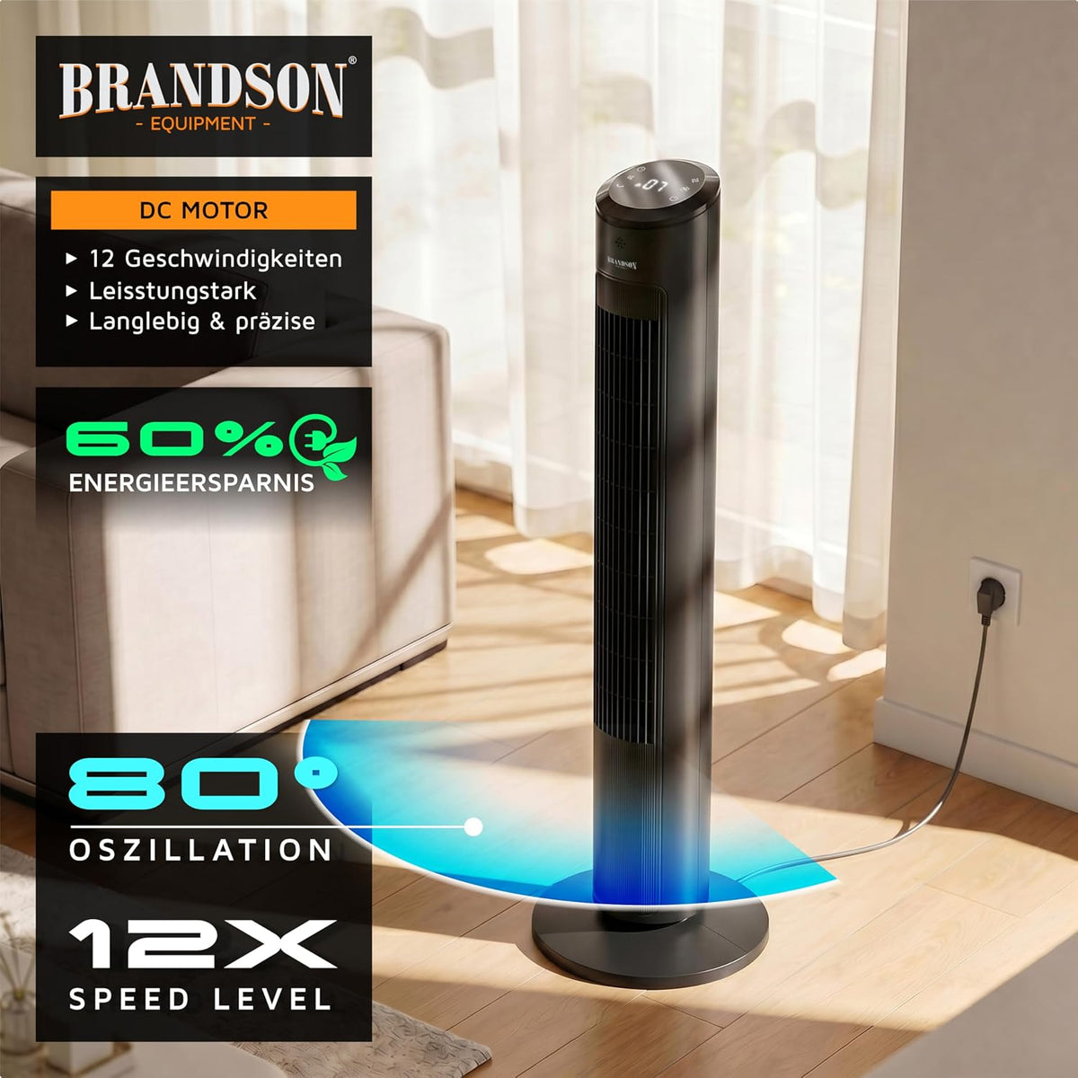 Brandson - Turmventilator – sehr leise - Schlaf Modus – Sieger Ventilatoren und Luftkühler 2026-12 Geschwindigkeitsstufen – Oszillation – mit