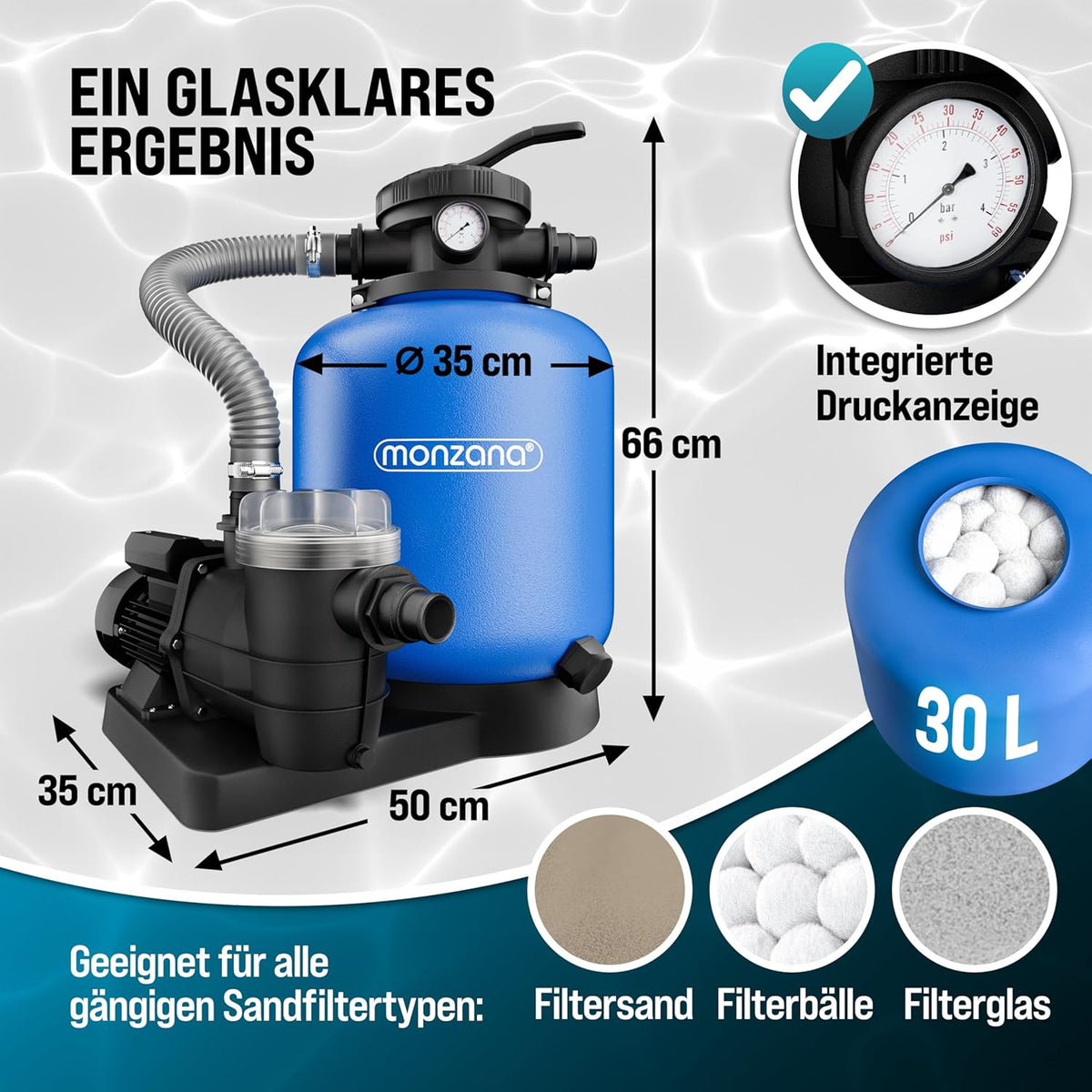 MONZANA Sandfilteranlage 13.200L/h bis 58.000L Pool Vorfilter 7-Wege-Ventil 600W 30L Tank 2in1 Adapter Ø32-38mm Filteranlage Poolfilter Sandfilter