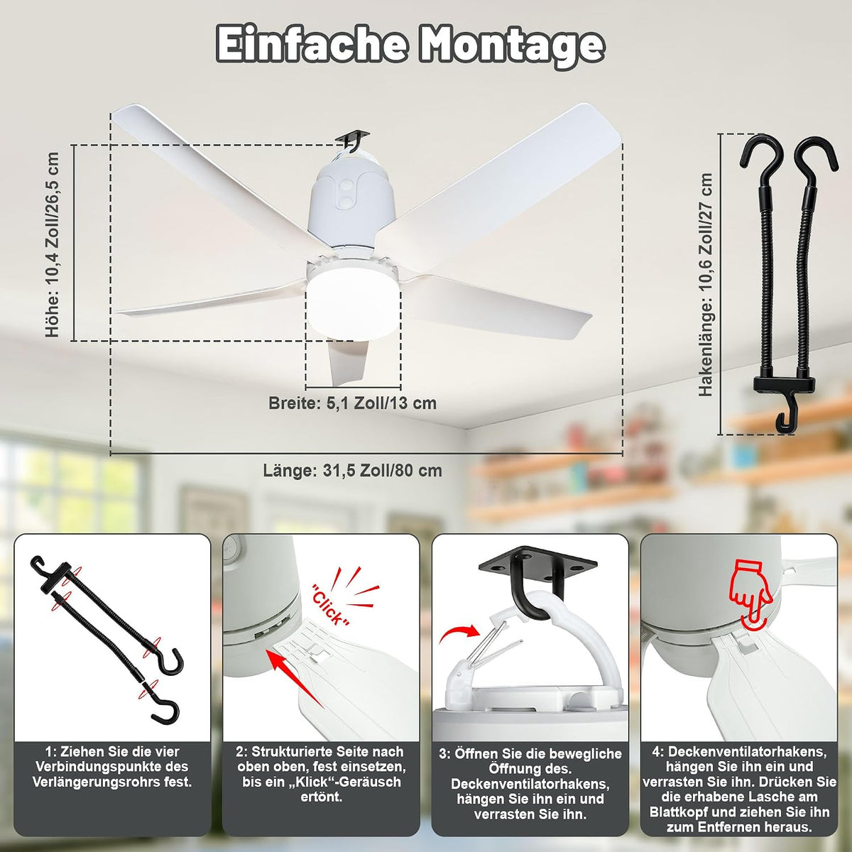 80CM Akku Deckenventilator mit Beleuchtung für Outdoor, 40000mAh Akku Groß Mobiler Ventilator mit Licht, 3000K-6000K Dimmbar, Fernbedienung & Haken,