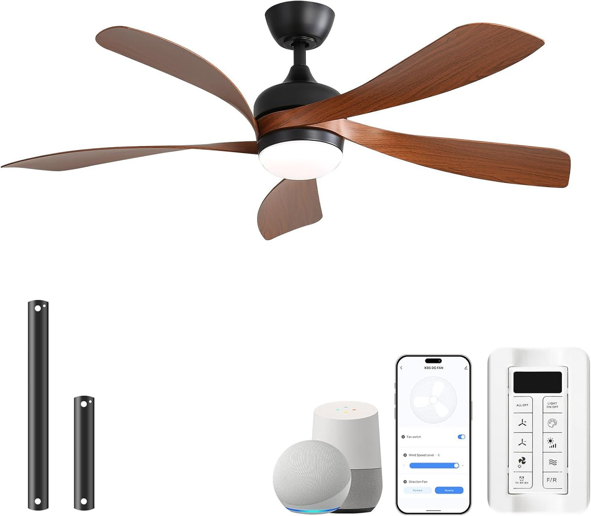Sofucor Smart Deckenventilator mit Beleuchtung,132cm Deckenventilator mit Licht, Kompatibel mit Alexa/APP, Fernbedienung, 3 Farbtemperatur, Timer, 6