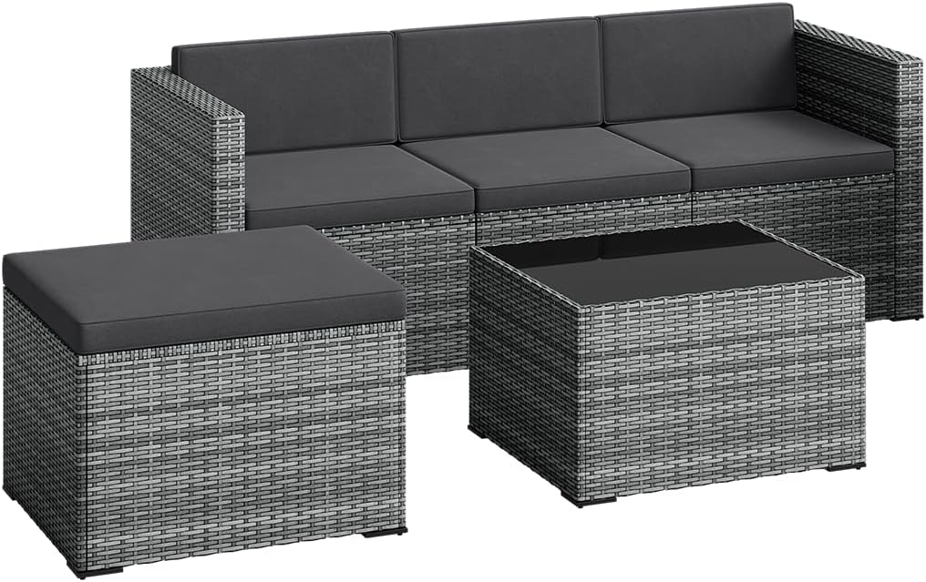 STEELSØN Zethora Rattan Gartenmöbel Set 3-TLG. – Outdoor Sitzgruppe für Garten/Terrasse/Balkon – Gartenlounge mit 3er-Sofa, Hocker & Tisch –