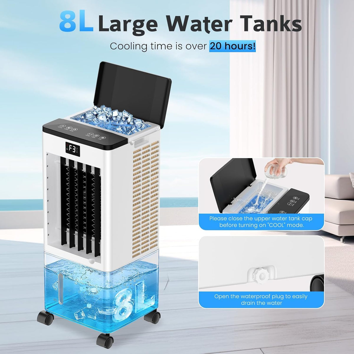 Aire Acondicionado Portátil sin Tubo, Enfriador de Aire Grande 4 en 1, 4 Modos 3 Velocidades, Climatizador Evaporativo 60W, Temporizadores de 1-12 H,