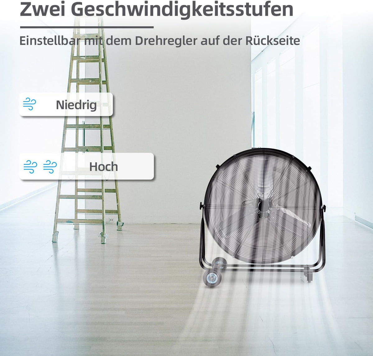 Be Cool Industrie-Windmaschine 75cm BCIWM75CM – Fahrbarer Trommelventilator, Ø 75 cm (30"), 300 Watt, Vollkupfermotor, 2 Geschwindigkeiten, Aluminium-