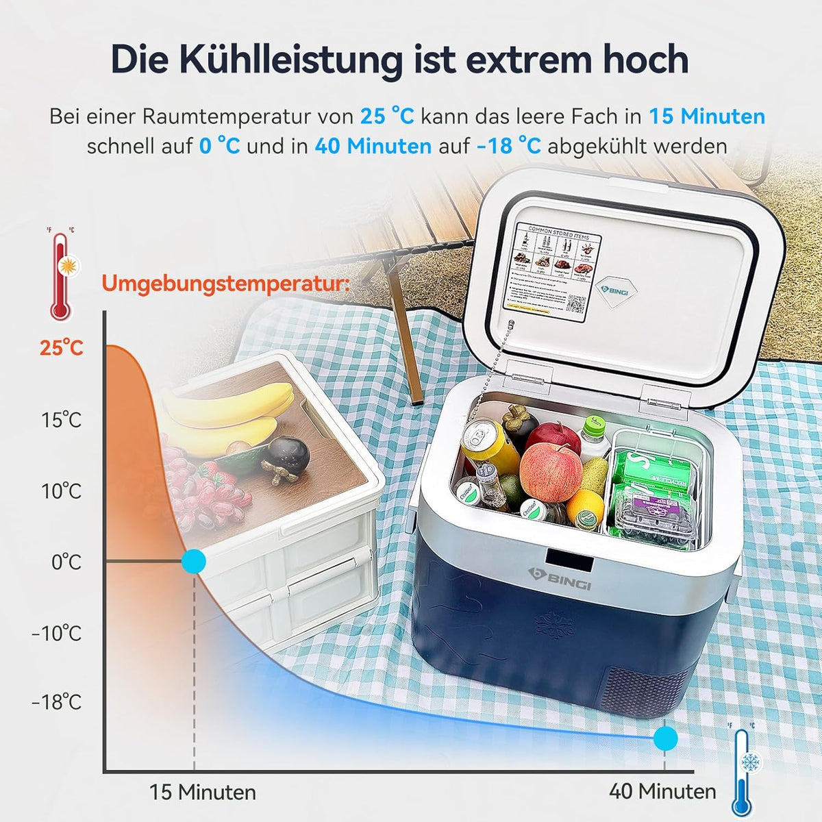 BINGI Kompressor Kühlbox 22L Mini Tragbarer Elektrischer Kühlschrank 12/24V DC Elektrischer Gefrierschrank Tragbarer Gefrierschrank für Auto LKW