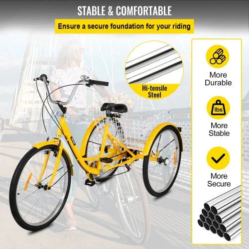 2025 Triciclo para adultos de 26 pulgadas, 7 velocidades, triciclo con canasta para paseos y compras