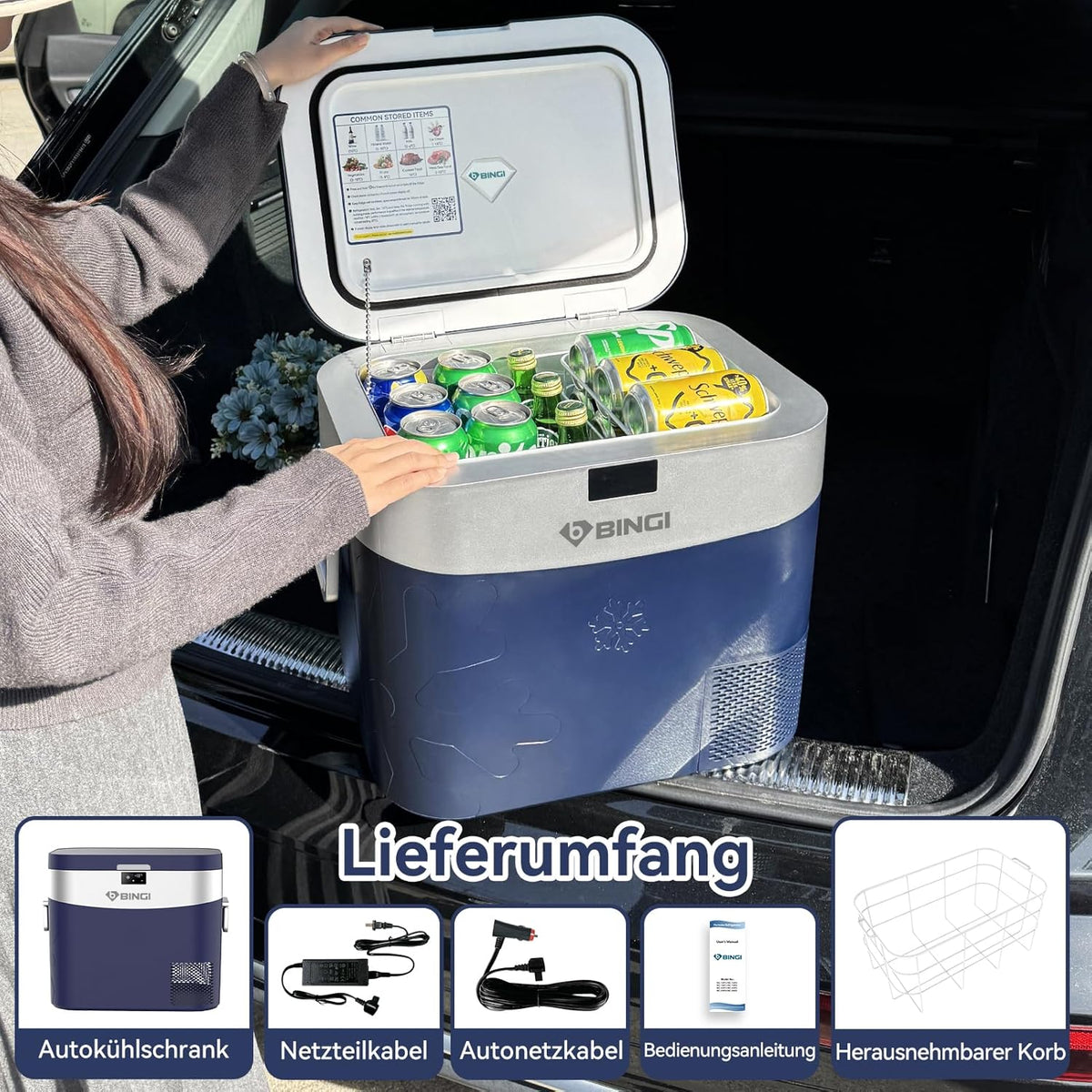 BINGI Kompressor Kühlbox 22L Mini Tragbarer Elektrischer Kühlschrank 12/24V DC Elektrischer Gefrierschrank Tragbarer Gefrierschrank für Auto LKW