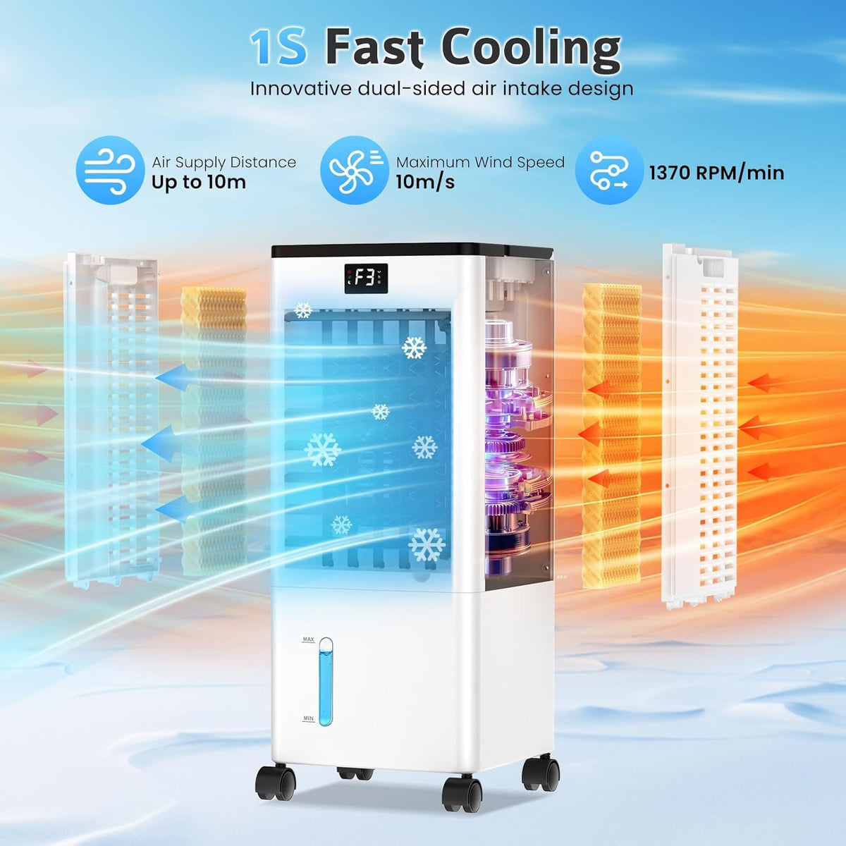 Aire Acondicionado Portátil sin Tubo, Enfriador de Aire Grande 4 en 1, 4 Modos 3 Velocidades, Climatizador Evaporativo 60W, Temporizadores de 1-12 H,