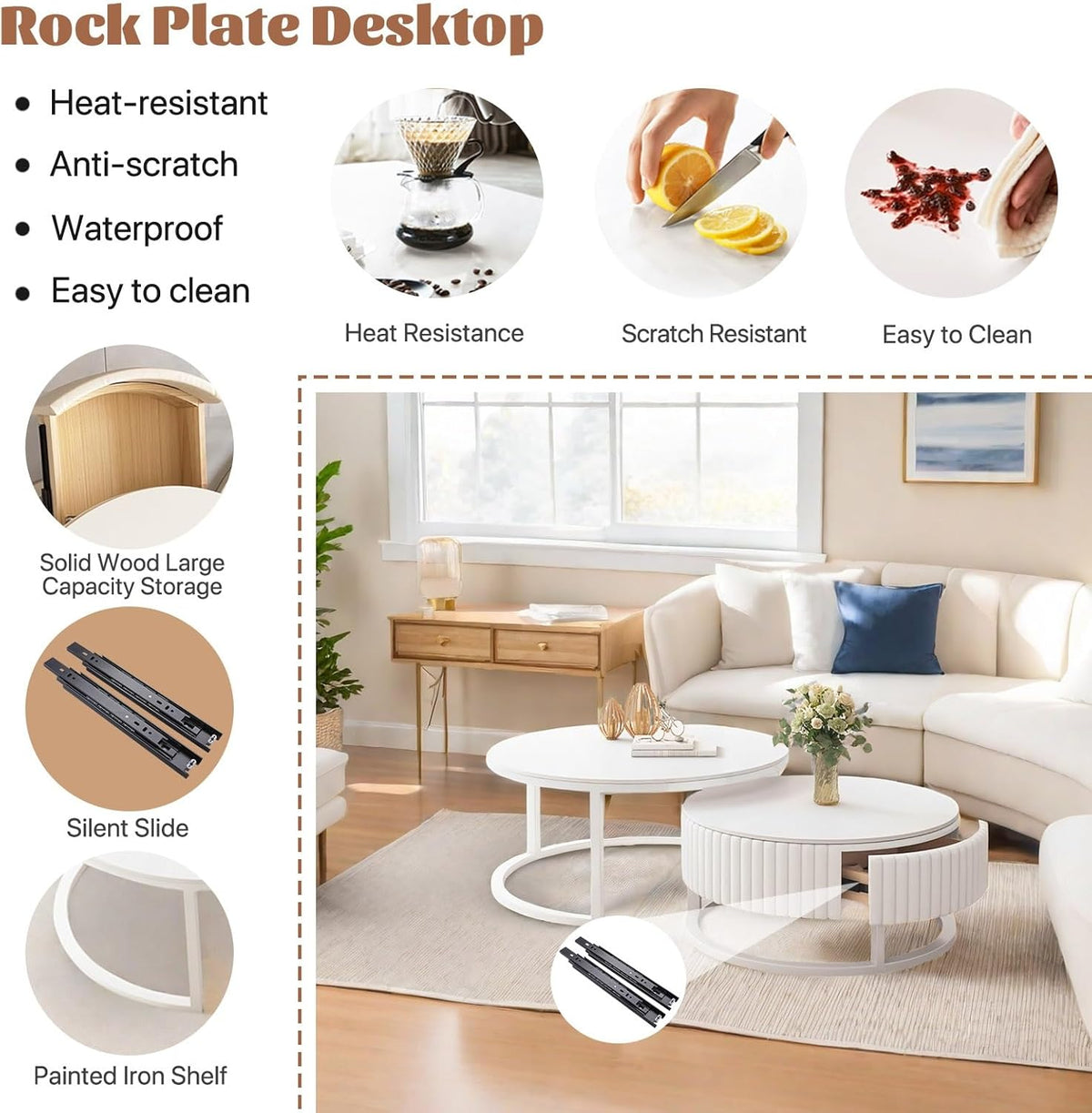2er Set Couchtisch Rund Weiss 50+70cm Wohnzimmertisch Weiß Runder Couchtisch Mit Stauraum Marmor Beistelltisch Stabilem Metallgestel Satztische Fürs