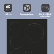 View Candy CH63DCC Hob Ceramic Hob 60 cm, 3 Cooking Zones, Double 30 cm Paella Pan, Touch Control, 9 Power Levels, Safety System, Black image 4