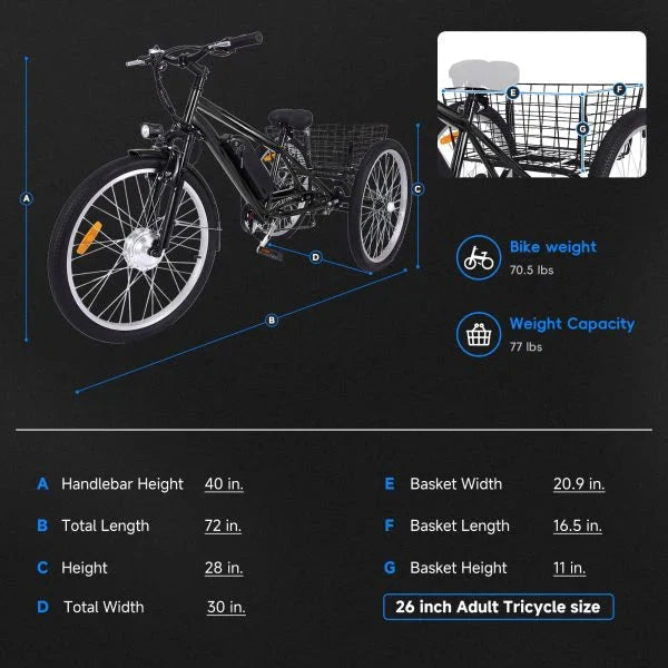 26 Inch Adult 3 Wheel Electric Tricycle with Basket, Fat Tires,7 Speeds,350W Powerful Motor, 36V 10Ah Removable Battery – Dark Gray