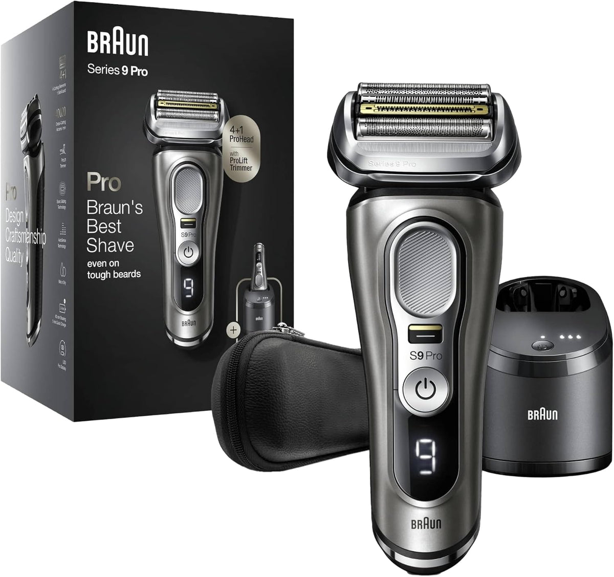 Braun Series 9 Pro Premium Rasierer Herren, Testsieger Stiftung Warentest, 4+1 Scherkopf, Elektrorasierer & Trimmer, Reinigungsstation, 60 Min