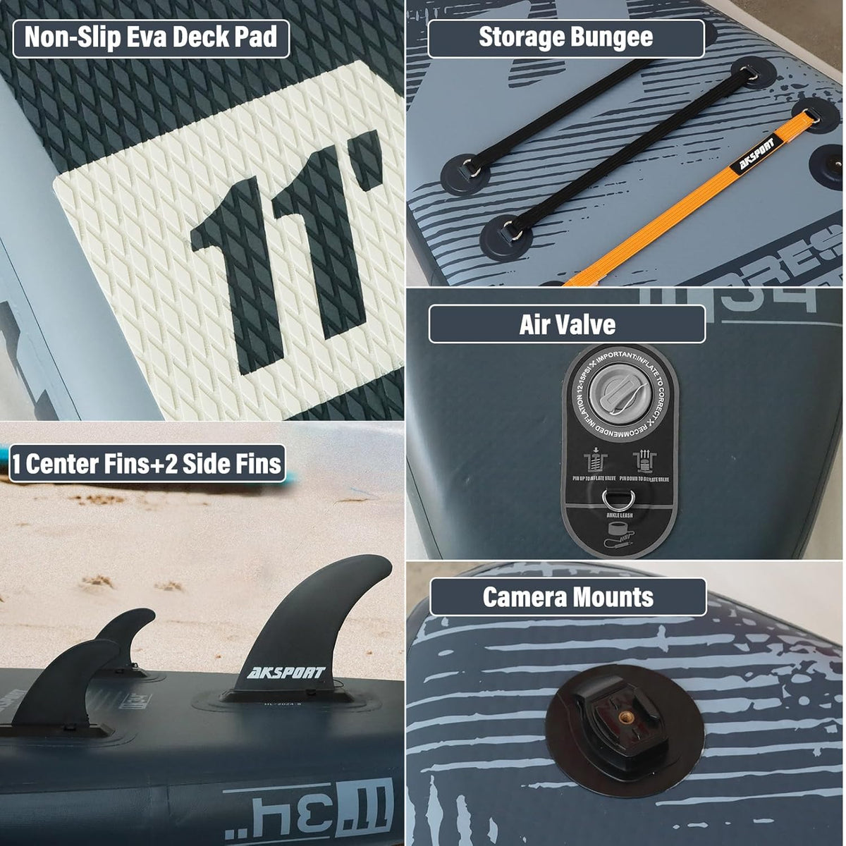 AKSPORT Tabla hinchable de surf de remo, tabla de surf hinchable con todos los accesorios, diseño ancho y estable, tabla antideslizante, tabla de remo