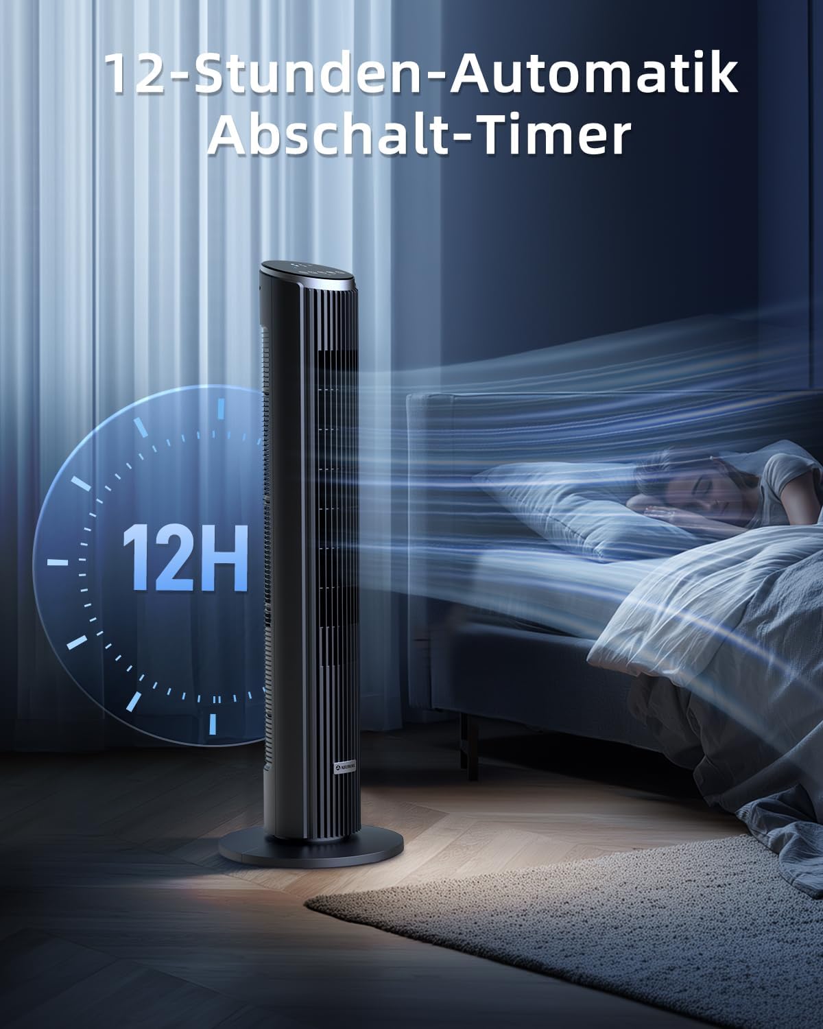 Ateroll Leiser Turmventilator für Schlafzimmer, Standventilator mit Fernbedienung, 90° oszillierend, 4 Geschwindigkeiten 3 Modi 12H Timer LED-Anzeige,