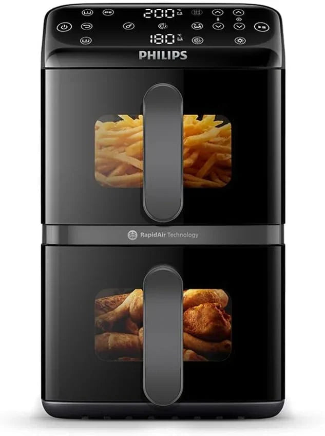 Philips Airfryer Series 4000 Double Vertical Basket 10L – RapidAir Technology, Sync, 2 Baskets at Once, 45% Less Space, PFAS Free Ceramic Coating,