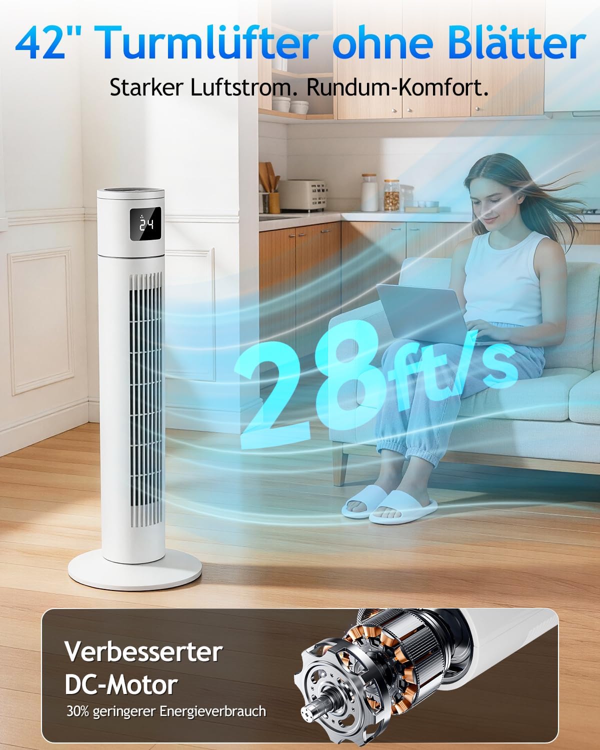 Timiyou Turmventilator 20dB Sehr Leiser für Schlafzimmer & Kühlung mit Fernbedienung | 3 Geschwindigkeitsstufen, 12h Timer, 60° Oszillation,
