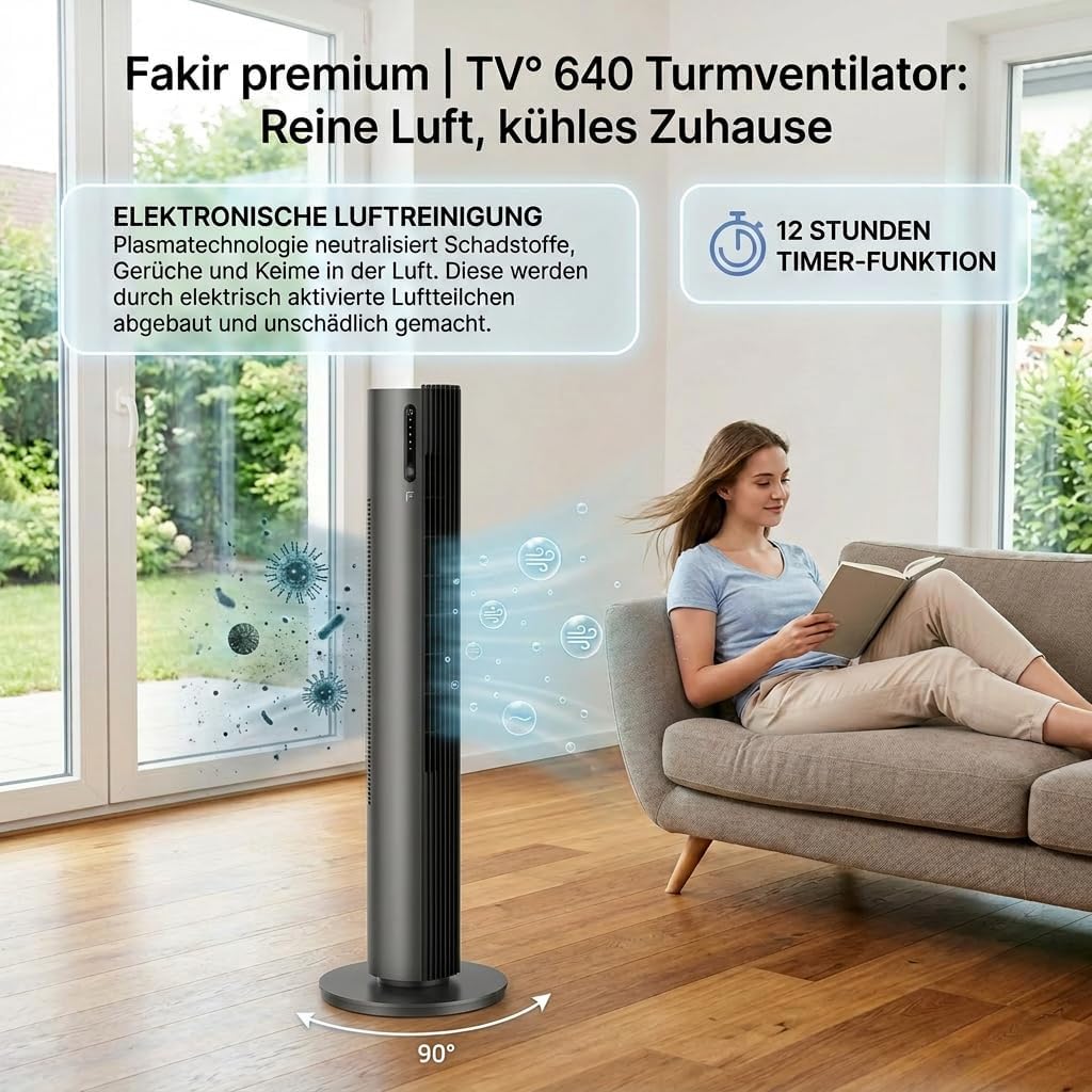 Fakir premium TV° 640 Turmventilator - Leiser Lüfter mit 32dB(A), DC-Motor, 12 Stufen, 12h Timer, LED-Display, Fernbedienung & 90° Oszillation,