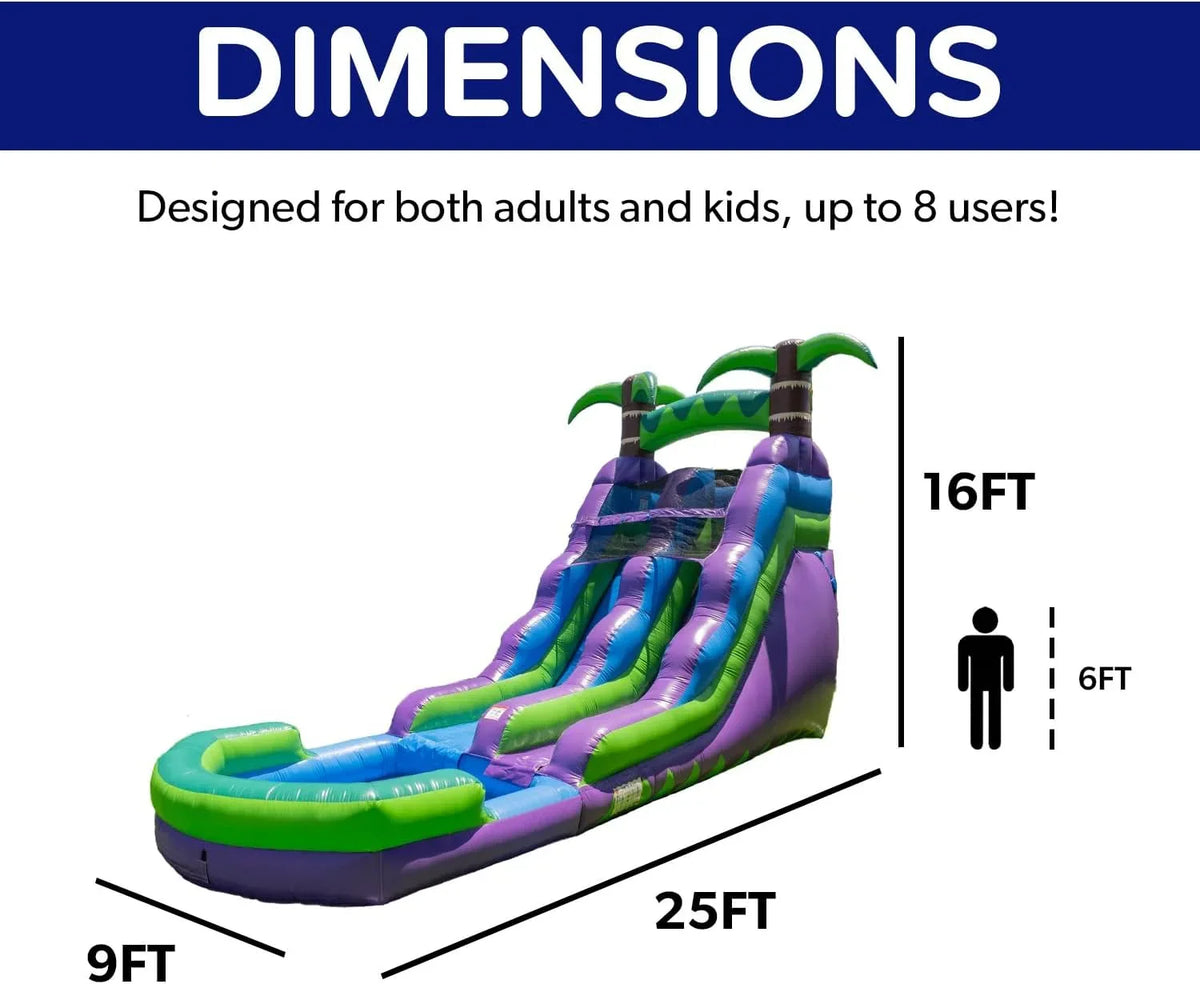 2025 HeroKiddo Resbaladilla Acuática Inflable de Grado Comercial de 16' con Piscina Adjacente para Niños y Adultos (con Ventilador), Uso Mojado y Seco