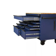 View Heavy-Duty 52 in. 9-Drawer Mobile Workbench with Adjustable-Height Solid Wood Top in Matte Blue image 6