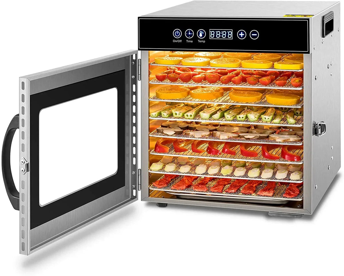 Tray Food Dehydrator, Steel Fruit Dry Machine with 30 90C Adjustable Thermostat, 24hr Digital Timer