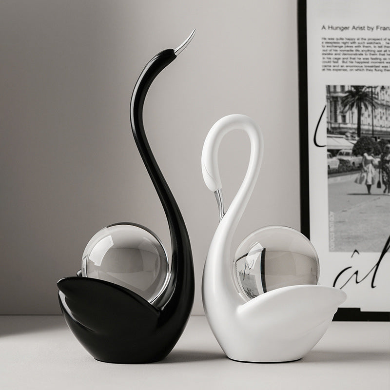 Modern Ceramic Swan Figurine with Glass Sphere Decorative Sculpture for Home Tabletop Decor