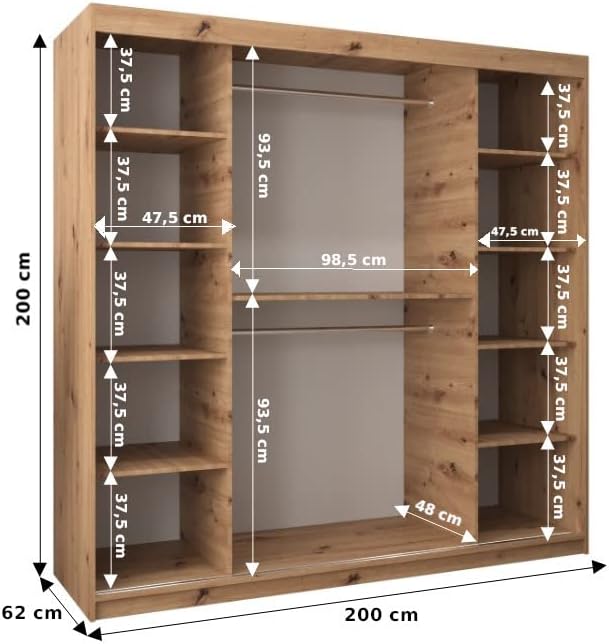 ABIKSMEBLE Verona 4 200 Bedroom Wardrobe with Three Sliding Doors – Modern Storage Cabinet with Mirror, Coat Rack and Shelves – 200 x 200 x 62 cm –