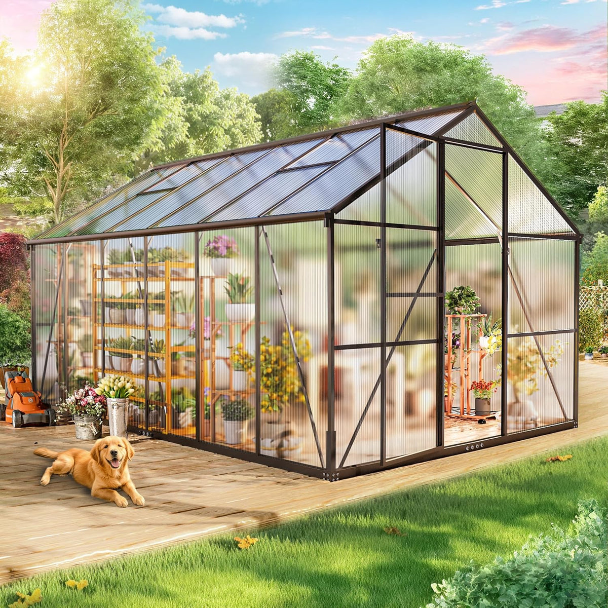 Gewächshaus Aluminium für den Garten, 362x247x205cm Gewächshaus Aluminium mit Fundament, Verstellbare Dachentlüftung, Vielseitig nutzbar als