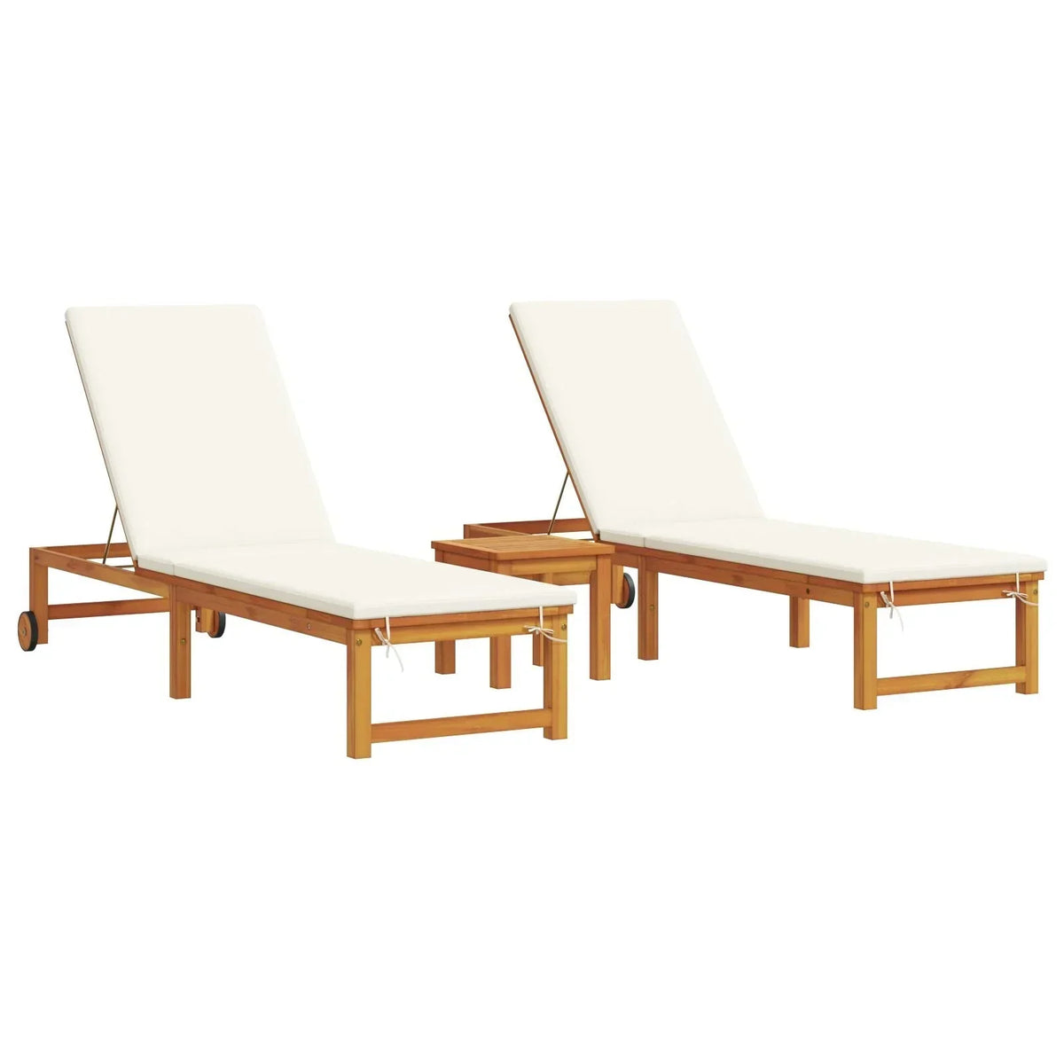 2025 Tumbonas 2 pcs con Mesa y Cojines de Madera Maciza de Acacia, Tumbona con Cojines Crema de Madera Maciza de Acacia, Mesa Lateral de Jardín