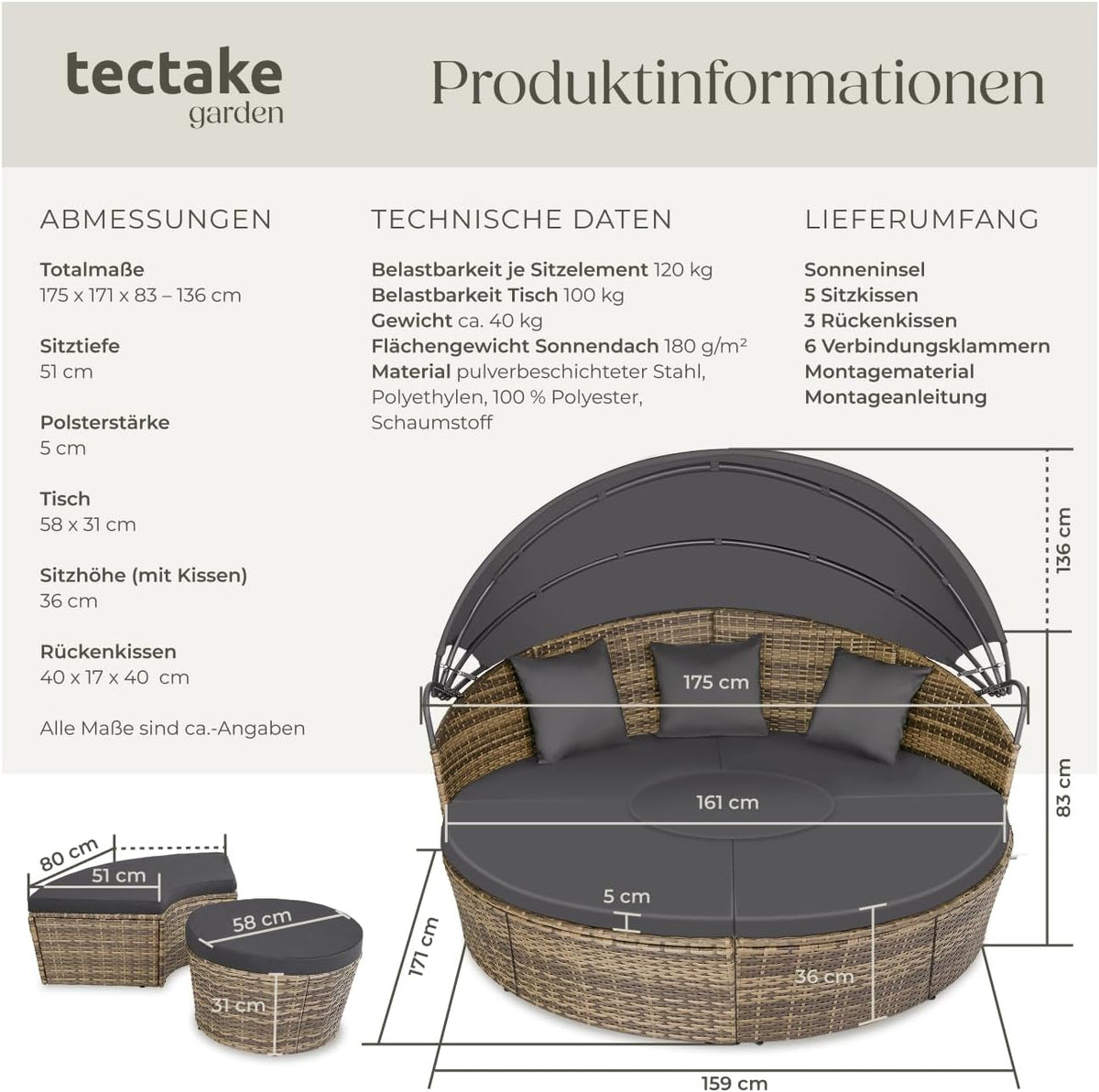 tectake Lounge Muschel Sonneninsel Outdoor wetterfest, Gartenmuschel, Sonnenliege 2 Personen und mehr, multifunktionales Terrasse oder Balkon Möbel,