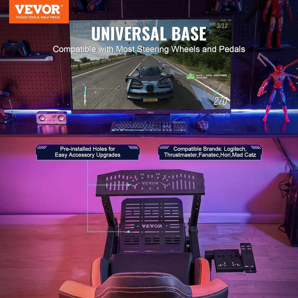 Soporte para Volante de Carreras VEVOR con Ruedas para Logitech G923/G920/G29, Cabina de simulador de conducción de Acero Resistente, Thrustmaster