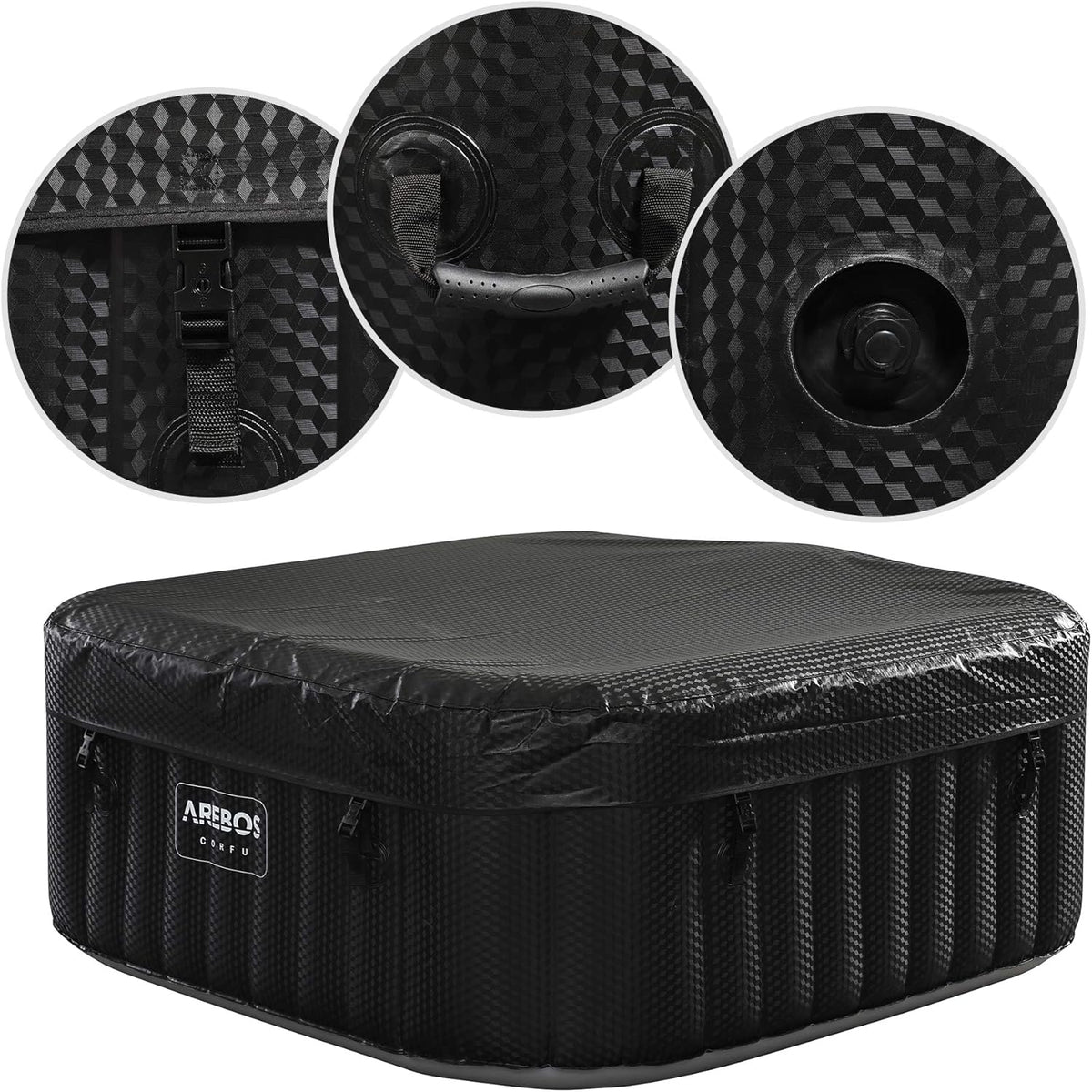 Arebos Whirlpool | 154 x 154 cm | mit LED-Beleuchtung | aufblasbar | quadratisch | In- & Outdoor | 4 Personen | 100 Massagedüsen | mit Heizung | 600 L