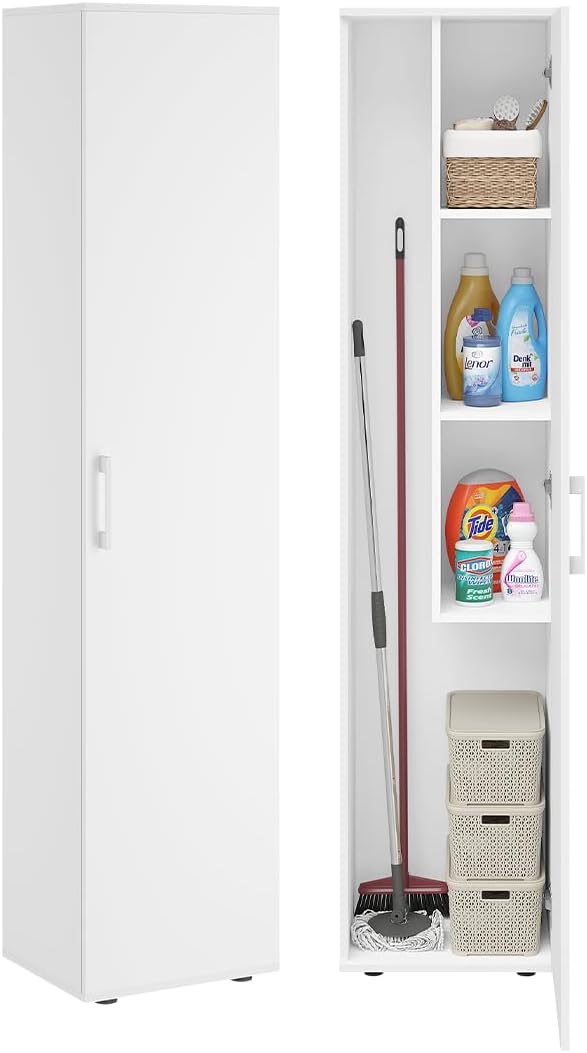 Bellamio Apol Besenschrank - Mehrzweckschrank 40 cm breit Weiß - Vorratsschrank mit Staubsaugerfach - Putzschrank aus Holz - Flurschrank mit Stauraum