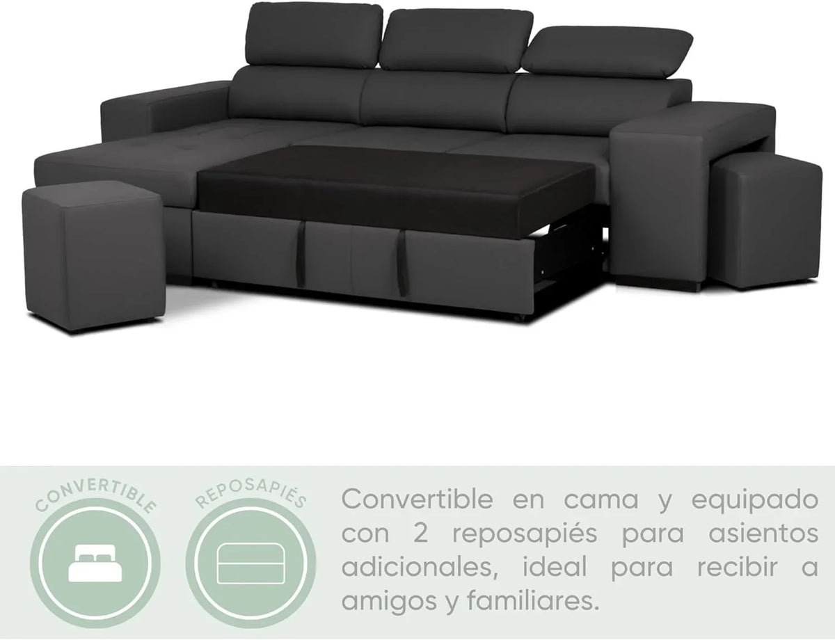 BUDWING John Sofá Cama Esquinero 4 Plazas - Chaise Longue Reversible, Reposacabezas Ajustable y 2 Pufs – Tapizado en Poliuretano – Estilo Moderno –
