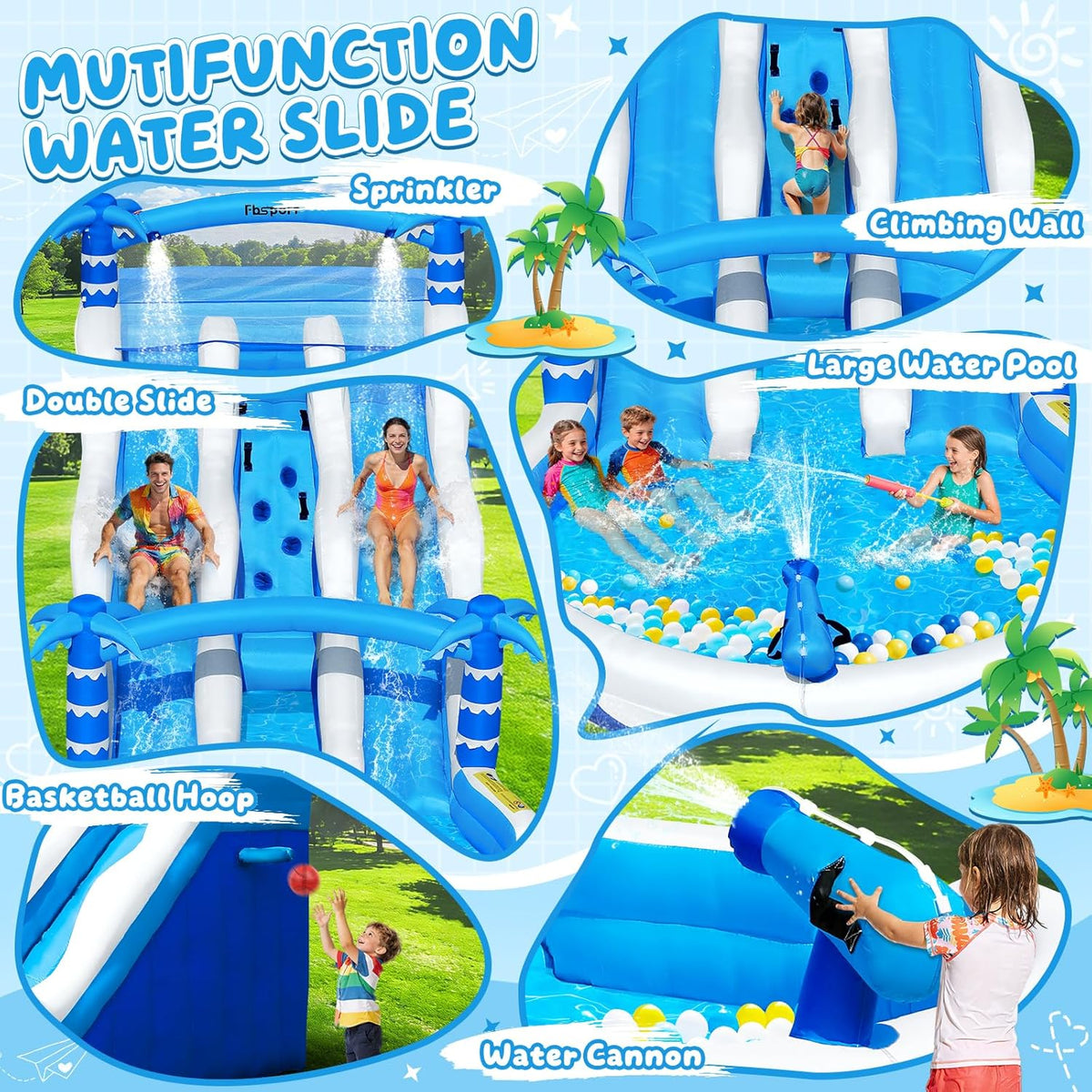 Hüpfburg XXL mit 2 Wasserrutsche für Gewerblichen Erwachsene & Kinder, Aufblasbare Bouncy Castle für Indoor Outdoor mit Gebläse Größe Pool Rutsche