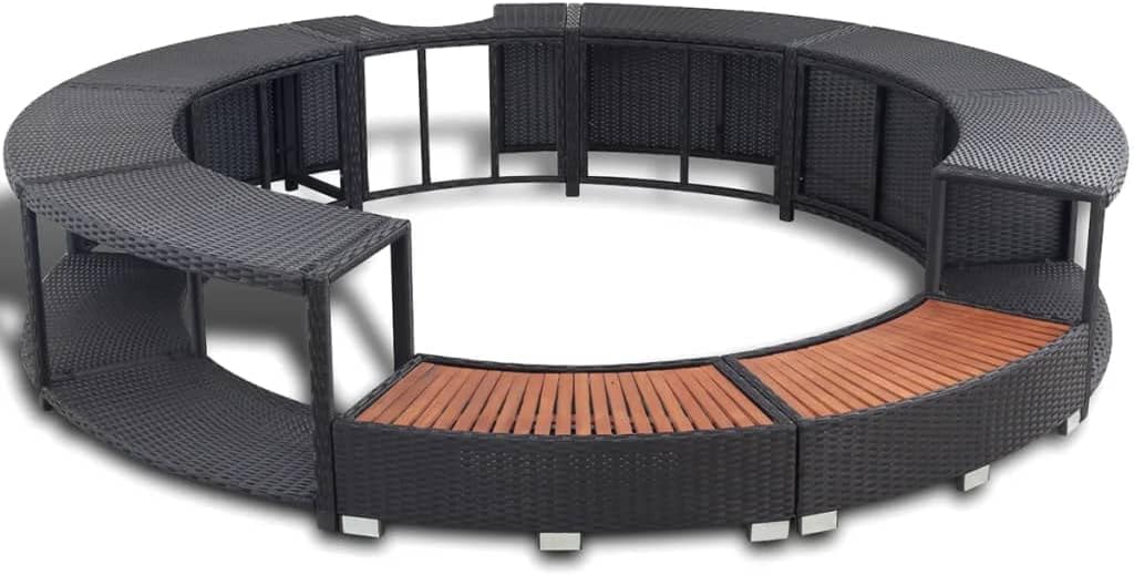 Hommdiy Umrandung mit Stauraum für Whirlpool Spa Schwimmbecken Poolumrandung Poly Rattan Schwarz Hartholz Rund Pulverbeschichteter Stahl Schwarz