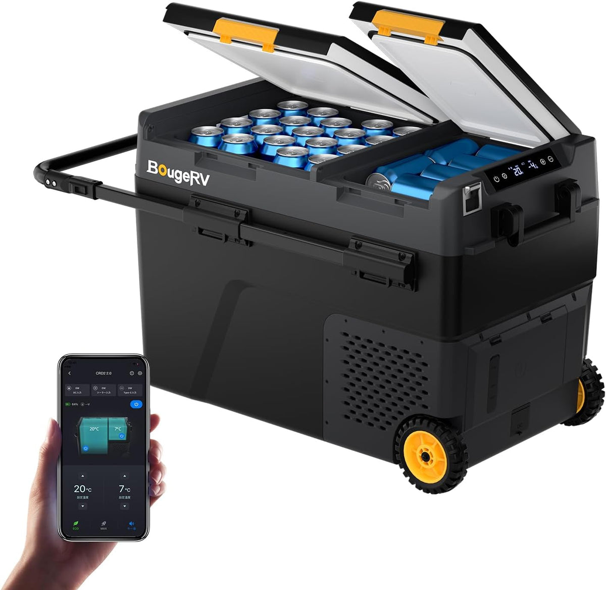 BougeRV CRD2 V2.0 Kompressor Kühlbox 49L mit Gefrierfach Doppeltür Dualzonen Kühlbox Auto mit Rollen & Griff 12V/24V 230V Camping Kühlschrank