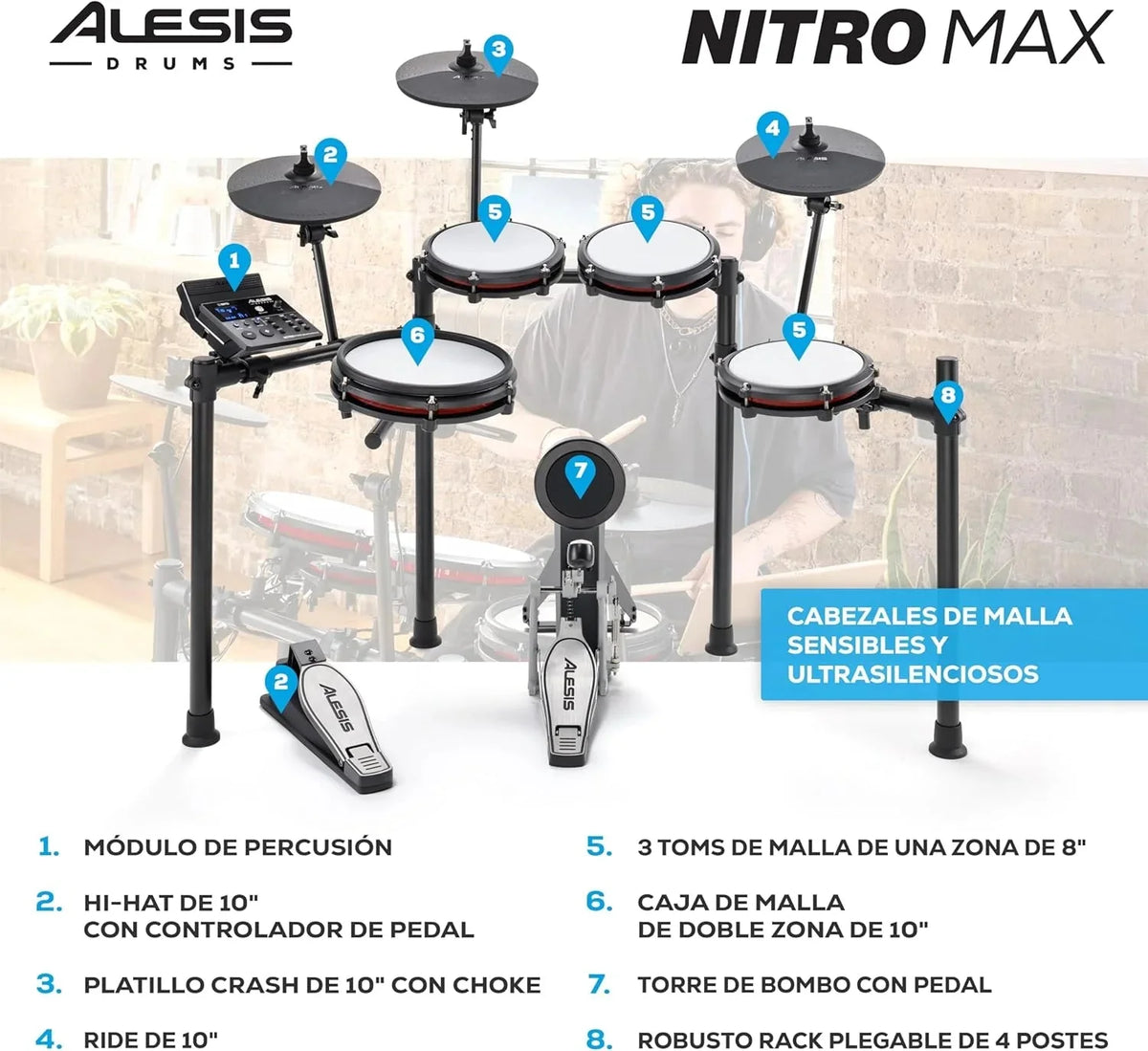 Alesis Nitro Max Kit Batería Electrónica con Parches Silenciosos de Malla, Caja de Doble Zona de 10", Bluetooth, 440+ Sonidos Auténticos, Lecciones