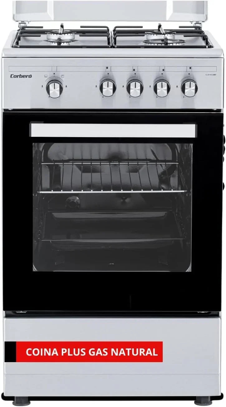 Corberó – Kitchen Plus | 50 cm | CCSF45020BW | 4 Burner Butane Gas | Oven 43L | Metal Lid | Double Glass Door | Tray and Grill Chrome | Automatic