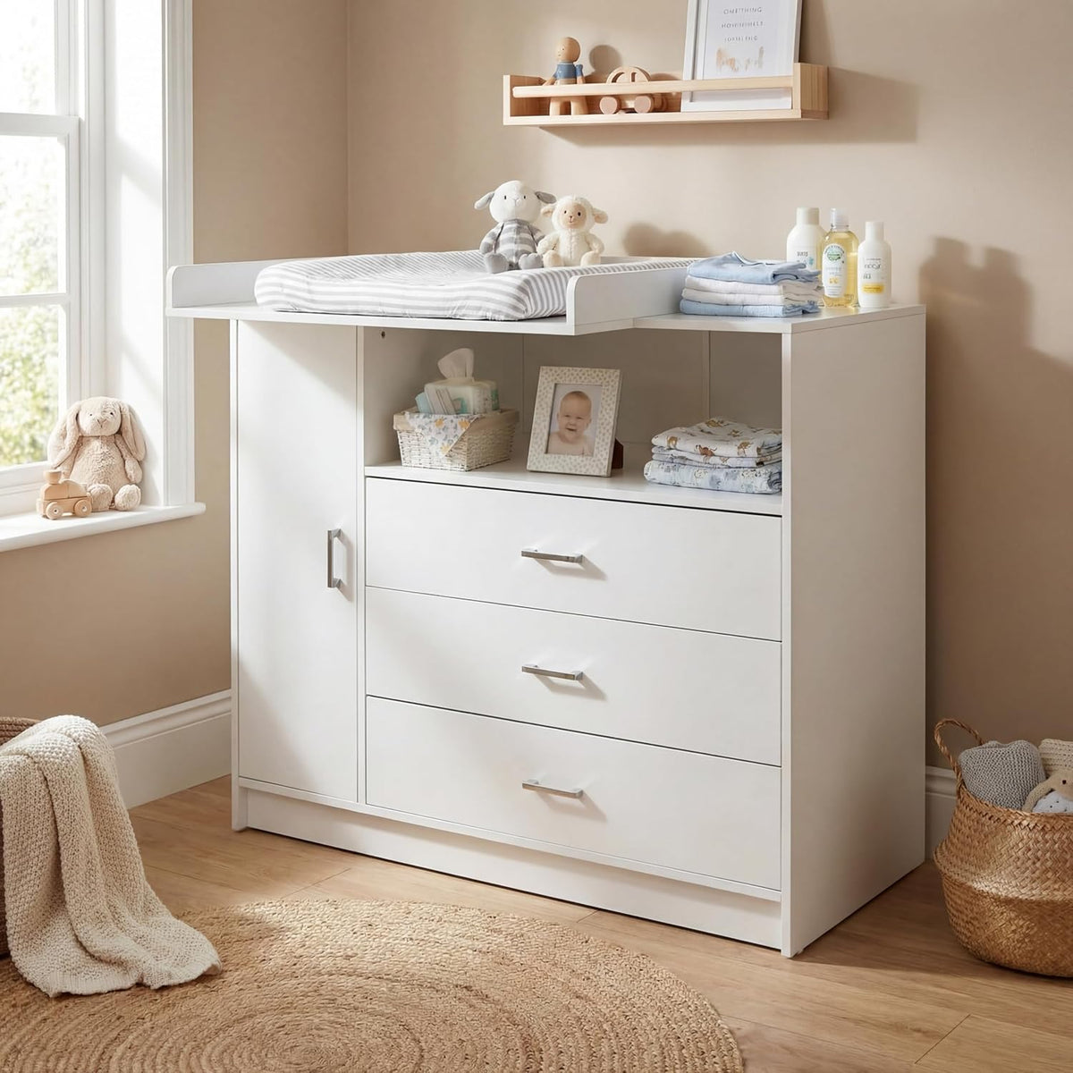 ecomi Cómoda Cambiador para bebé en Madera con Plan de Cambiar, 3 cajones, 1 puerta, Altura 100 cm, Color Blanco, Dimensiones 113x100 cm, tiradores