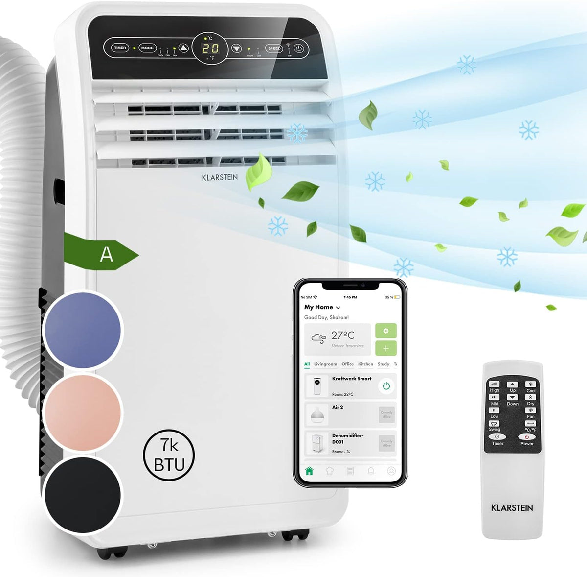 Klarstein Mobile Klimaanlage mit Abluftschlauch, 4-in-1 Klimagerät mit Ventilator, Luftentfeuchter & Nachtmodus, Kleine & Portable Klimaanlage für