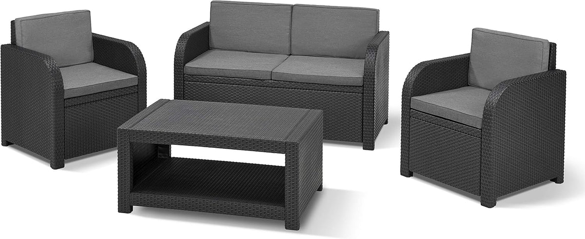 Allibert by Keter Modena Gartenmöbel Set aus Kunststoff, inkl. Sitzkissen, grau, 4-teilig, 2 Sessel, Sofa & Tisch, für Garten, Balkon & Terrasse,