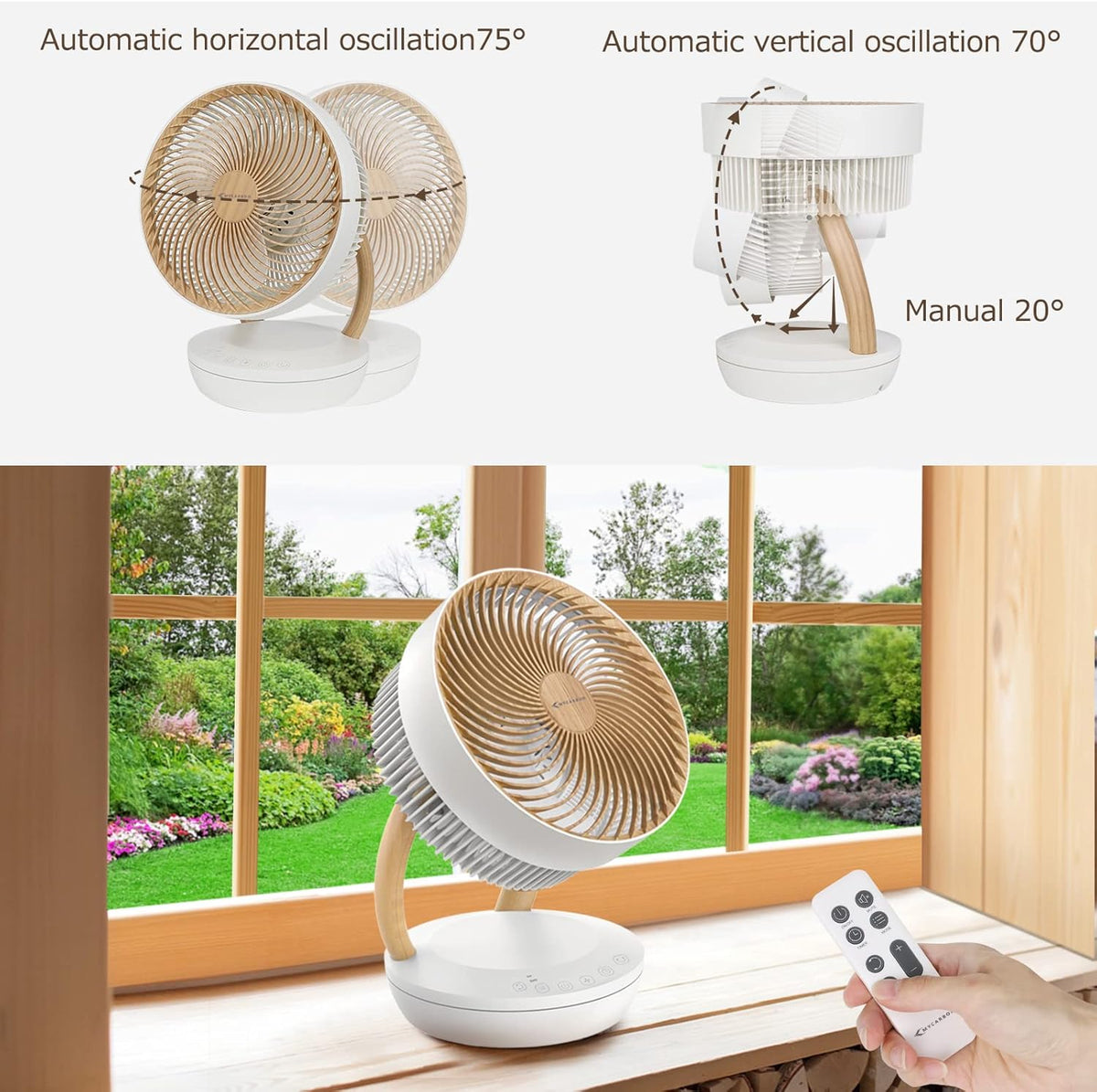 MYCARBON Ventilator sehr leise DC Motor 20dB 1850m³/h Luftmenge 8 Stufe ECO Modi Tischventilator 3D Luftumwälzer für 30m² Schlafzimmer Turbo