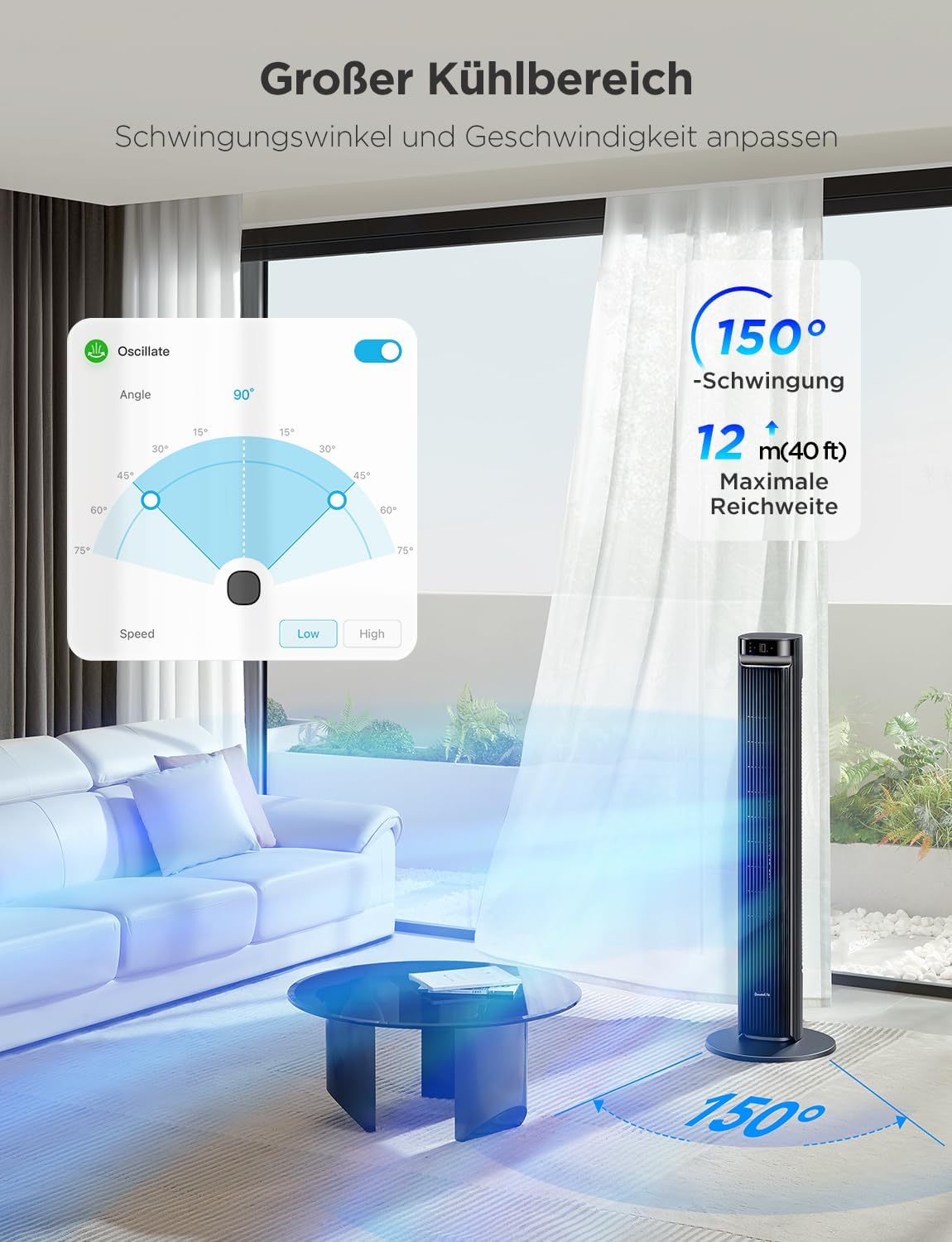 GoveeLife 27 dB leiser Ventilator, 12 Geschwindigkeiten bis zu 8 m/s, 5 Modi, 24-Stunden-Timer, intelligenter Turmventilator mit 150°-Oszillation, APP