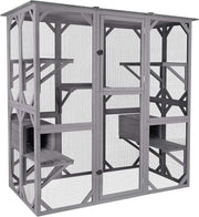 View Katzenhaus Outdoor Catio Kitty Gehege mit super großer Eingangstür, Holz-Katzenkäfig Condo Indoor-Laufstall mit Plattformen und kleinem Haus image 2