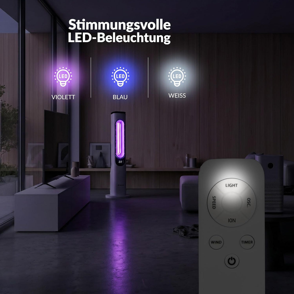 LEHMANN Turmventilator mit Fernbedienung & LED-Display, leiser Ventilator mit Schlafmodus, 15 h Timer, 3 Lichtfarben, 3 Modi, 3 Geschwindigkeiten,