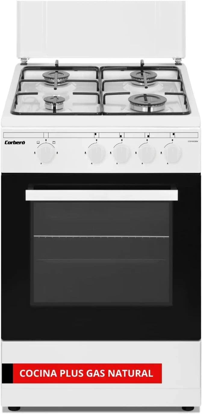 Corberó – Kitchen Plus | 50 cm | CCSF45020BW | 4 Burner Butane Gas | Oven 43L | Metal Lid | Double Glass Door | Tray and Grill Chrome | Automatic